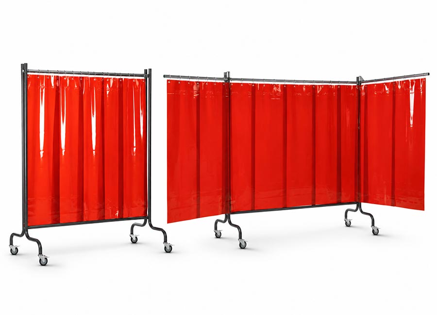 Nova mobile Schweißschutzwand mit PVC-Schweißschutzlamellen und Schwenkarmen