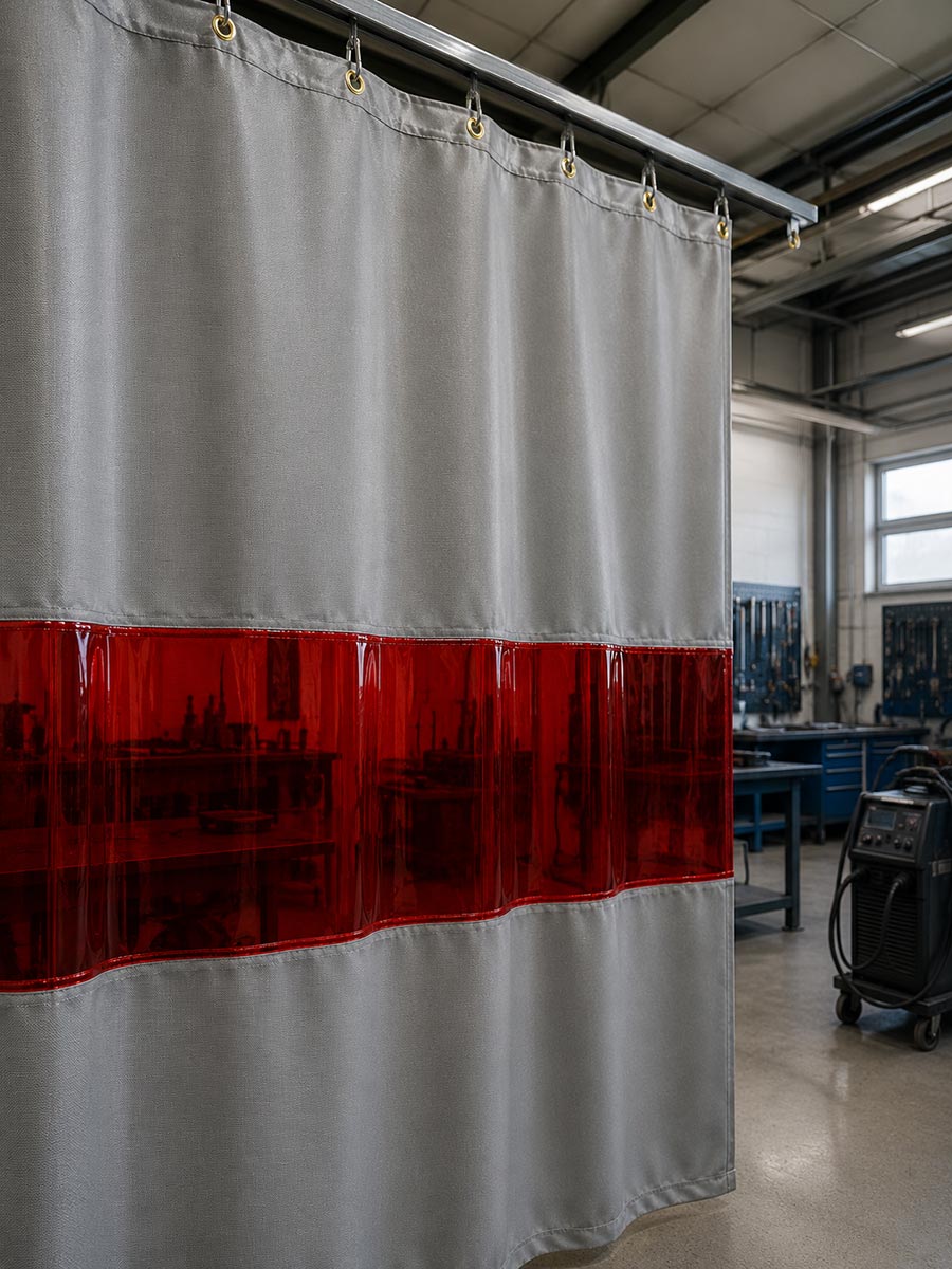 Materialkombination aus 607.G1 Glasgewebe und rot-transparentem Schweißerschutz-PVC
