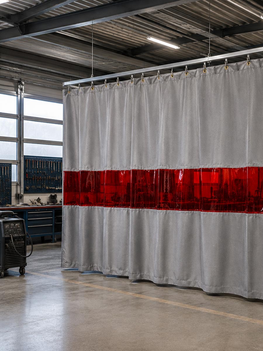 Schweißvorhang mit PVC-Sichtfenster an industriellem Laufschienen- und Montagesystem