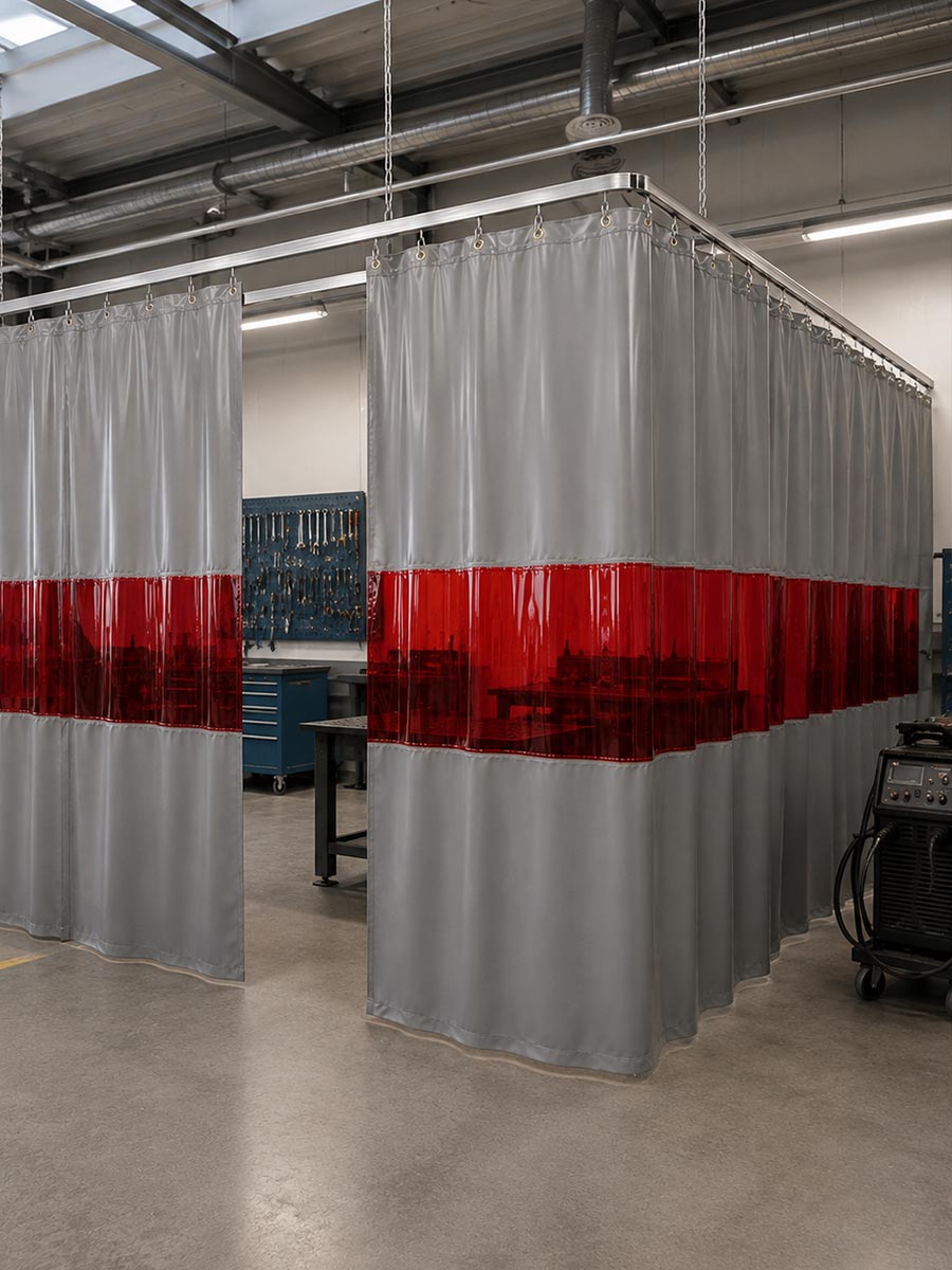 Individuell gefertigter Schweißvorhang mit kundenspezifisch positioniertem PVC-Sichtfenster